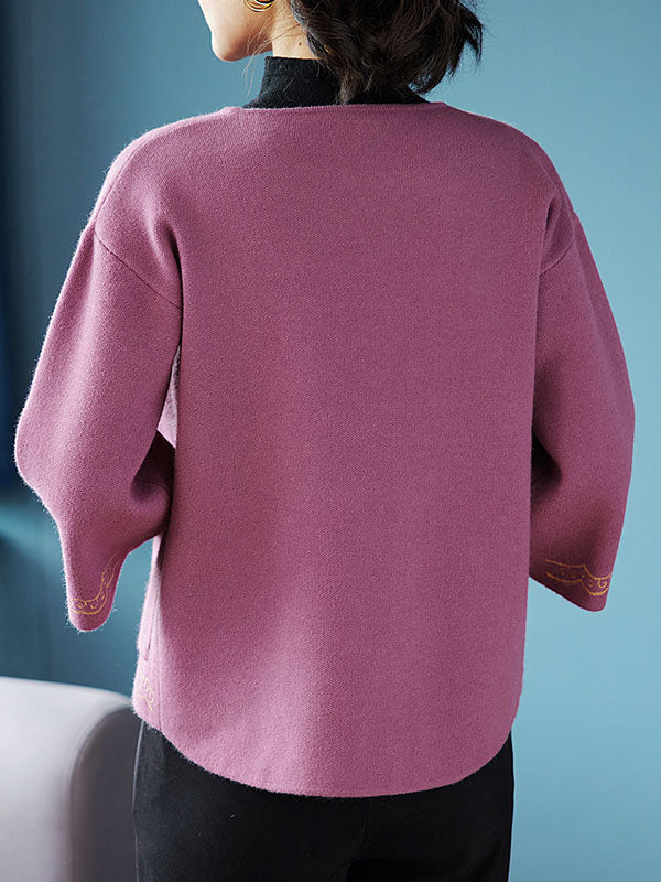 Embroidered Floral Women Knit Pockets Open Front Jacket