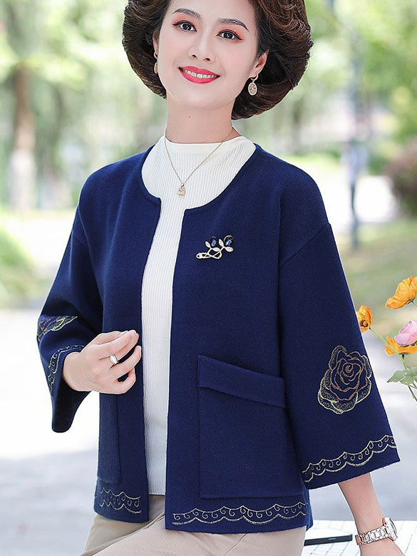 Embroidered Floral Women Knit Pockets Open Front Jacket