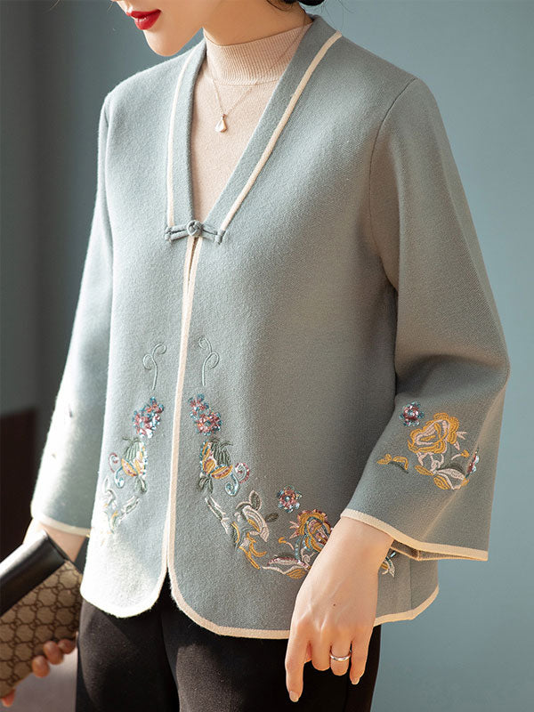 Sequined Embroidered Mothers Women Knit Cardigan Jacket