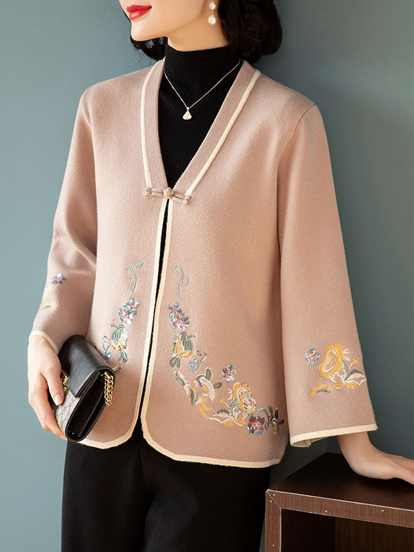 Sequined Embroidered Mothers Women Knit Cardigan Jacket