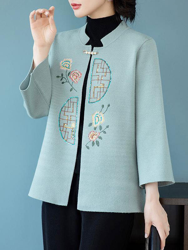 Blue Red Sequined Embroidered Mothers Women Knit Cardigan Jacket