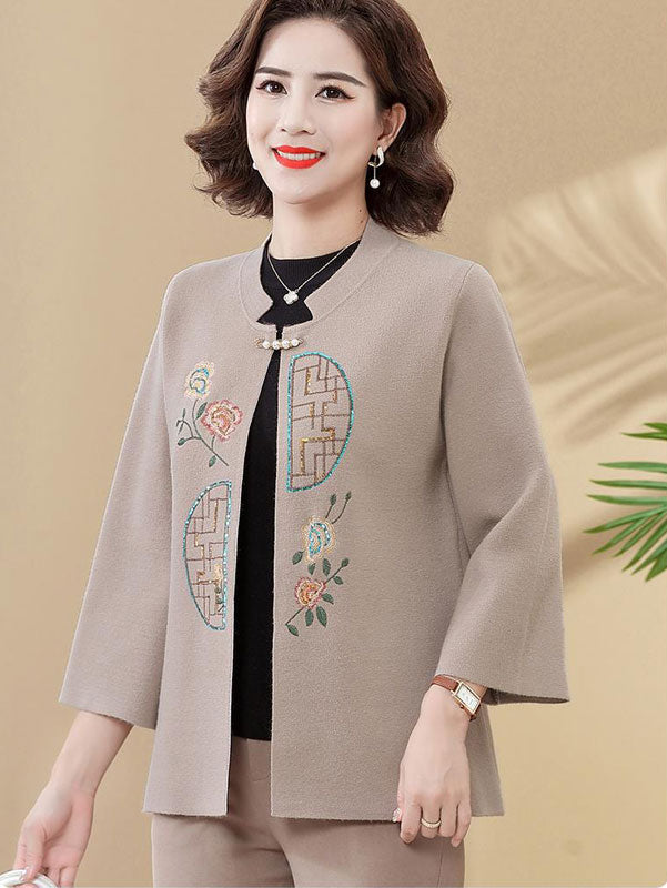Blue Red Sequined Embroidered Mothers Women Knit Cardigan Jacket