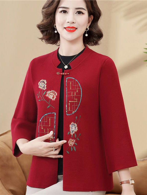 Blue Red Sequined Embroidered Mothers Women Knit Cardigan Jacket