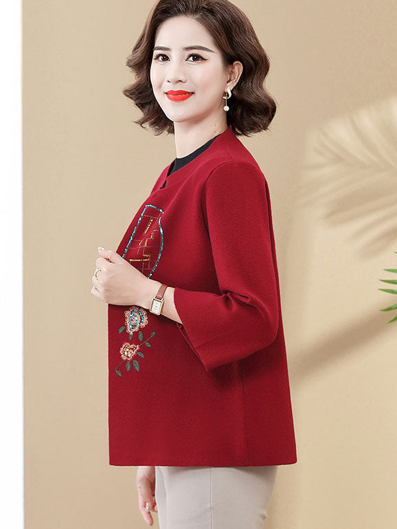 Blue Red Sequined Embroidered Mothers Women Knit Cardigan Jacket