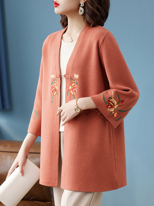Embroidered Floral Women Mothers Knit Cardigan Jacket