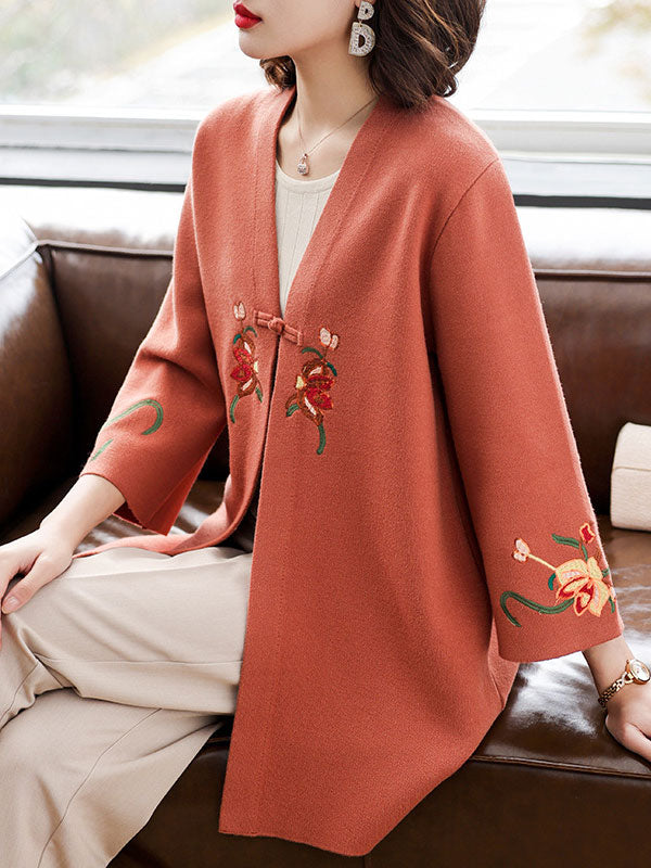 Embroidered Floral Women Mothers Knit Cardigan Jacket