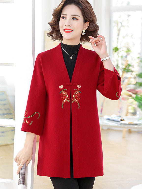 Embroidered Floral Women Mothers Knit Cardigan Jacket