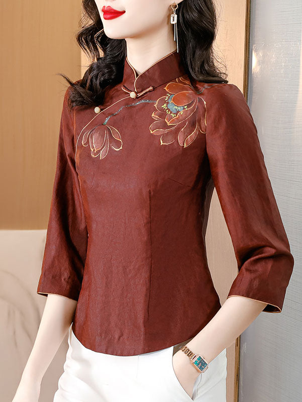 2024 Lotus Print Cheongsam Blouse Shirt
