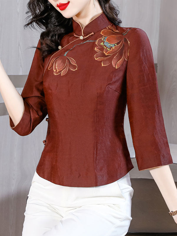 2024 Lotus Print Cheongsam Blouse Shirt