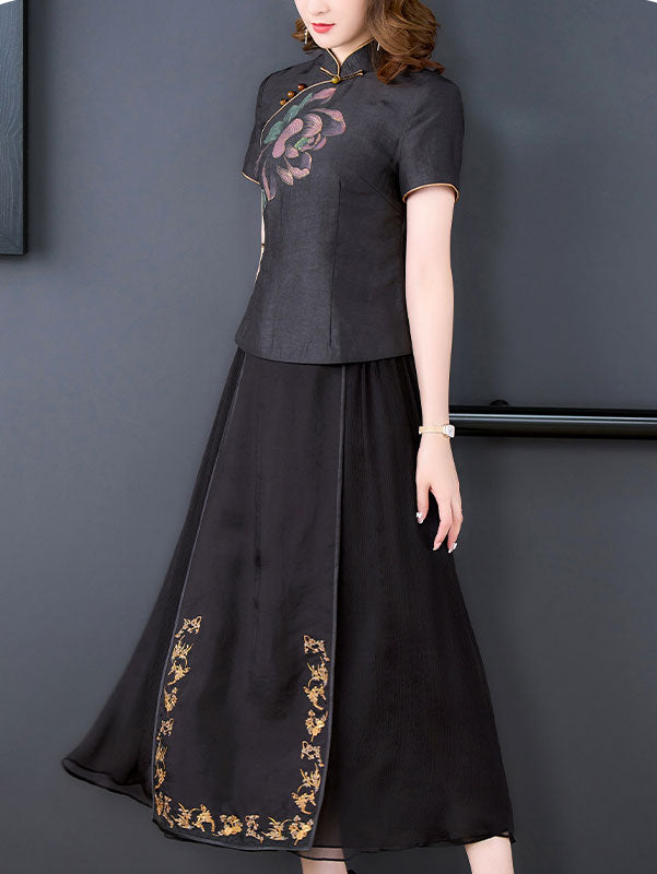 Black Floral Print Cheongsam Blouse Top