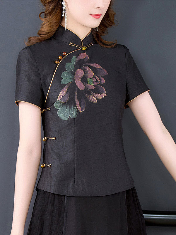 Black Floral Print Cheongsam Blouse Top