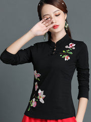 Black Red Embroidered Floral Cheongsam Blouse Top