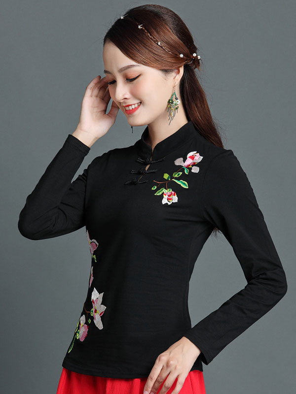 Black Red Embroidered Floral Cheongsam Blouse Top