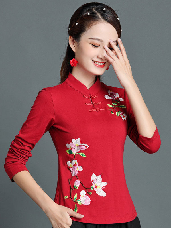 Black Red Embroidered Floral Cheongsam Blouse Top