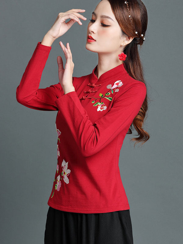 Black Red Embroidered Floral Cheongsam Blouse Top