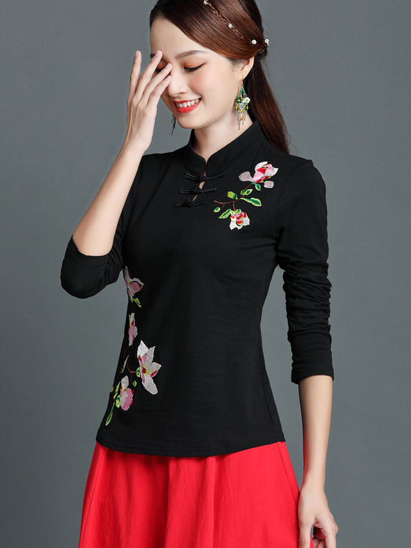 Black Red Embroidered Floral Cheongsam Blouse Top