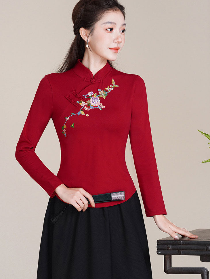 Black Red Embroidered Floral Woman Cheongsam Blouse Top