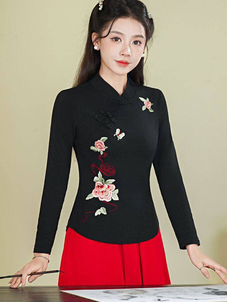 Black Red Embroidered Floral Woman Cheongsam Blouse Top