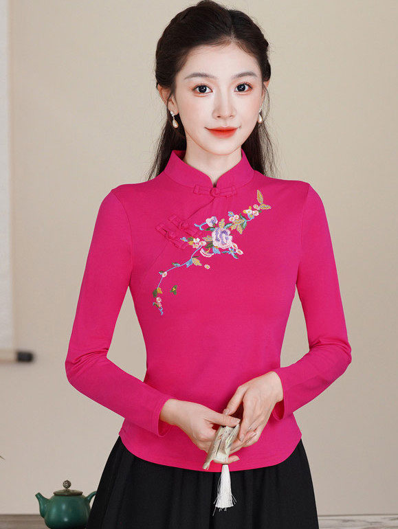 Black Red Embroidered Floral Woman Cheongsam Blouse Top