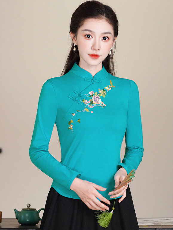 Black Red Embroidered Floral Woman Cheongsam Blouse Top