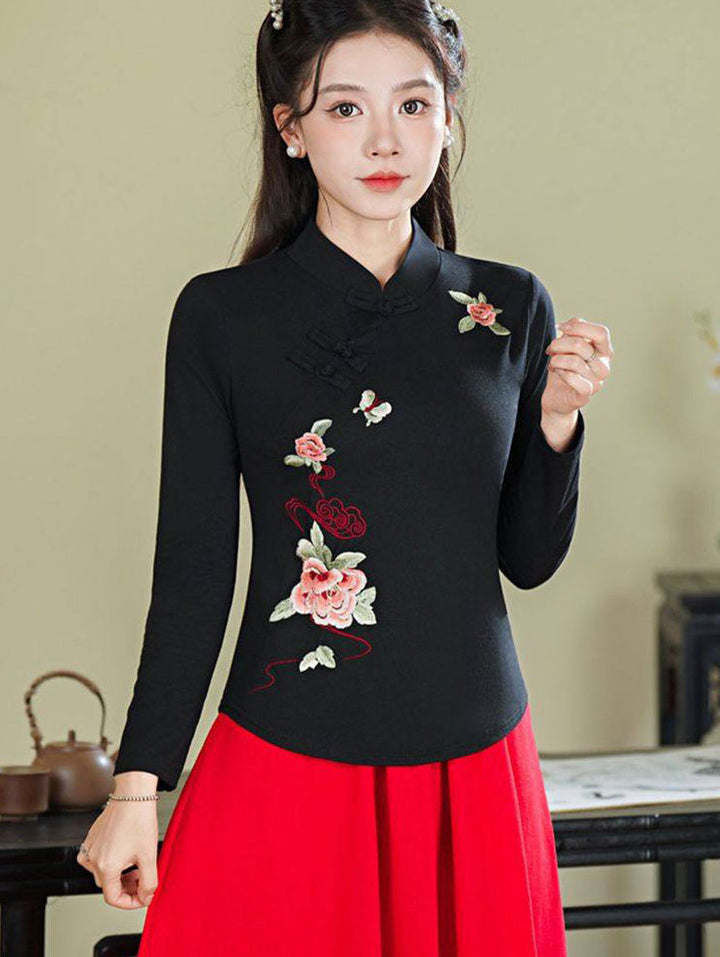 Black Red Embroidered Floral Woman Cheongsam Blouse Top