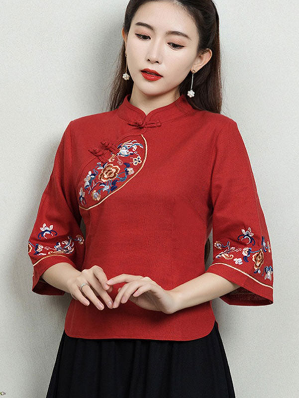 Red Embroidered Linen Qipao Cheongsam Blouse Top