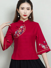 Red Embroidered Linen Qipao Cheongsam Blouse Top