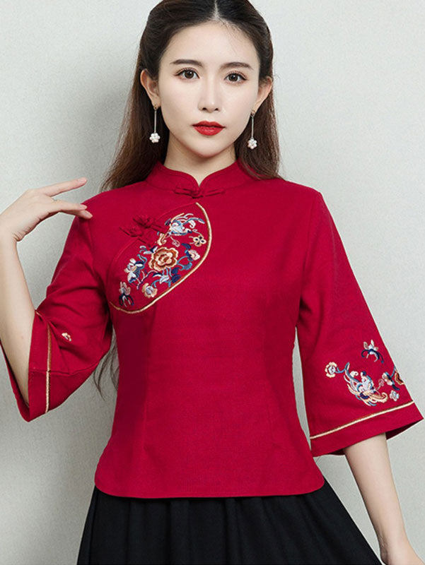 Red Embroidered Linen Qipao Cheongsam Blouse Top