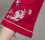 Red Embroidered Linen Qipao Cheongsam Blouse Top