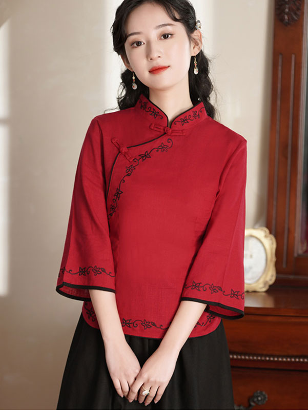 Red Blue Embroidered Linen Cheongsam Blouse Top