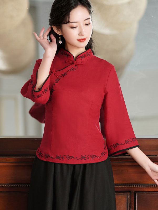 Red Blue Embroidered Linen Cheongsam Blouse Top