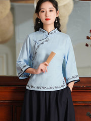 Red Blue Embroidered Linen Cheongsam Blouse Top