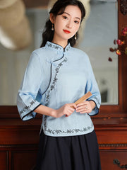 Red Blue Embroidered Linen Cheongsam Blouse Top