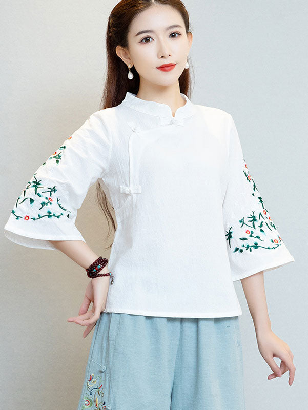Pink White Embroidered Floral Cheongsam Blouse Top