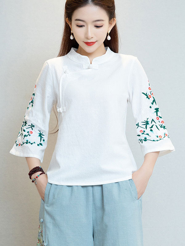Pink White Embroidered Floral Cheongsam Blouse Top