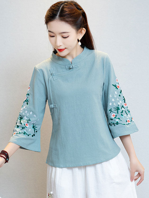 Pink White Embroidered Floral Cheongsam Blouse Top