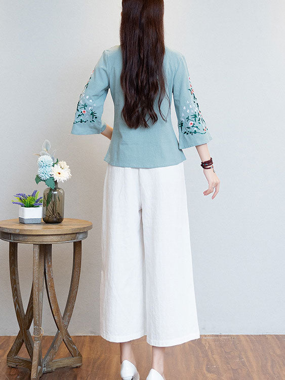 Pink White Embroidered Floral Cheongsam Blouse Top