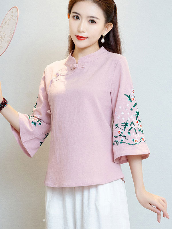 Pink White Embroidered Floral Cheongsam Blouse Top