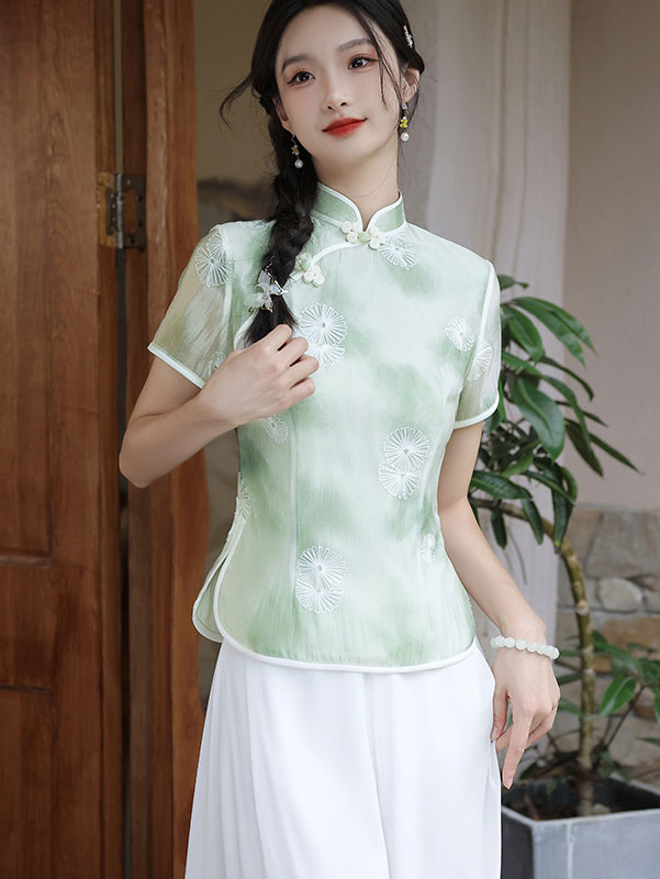 Green Pink Jacquard Qipao Cheongsam Blouse Top