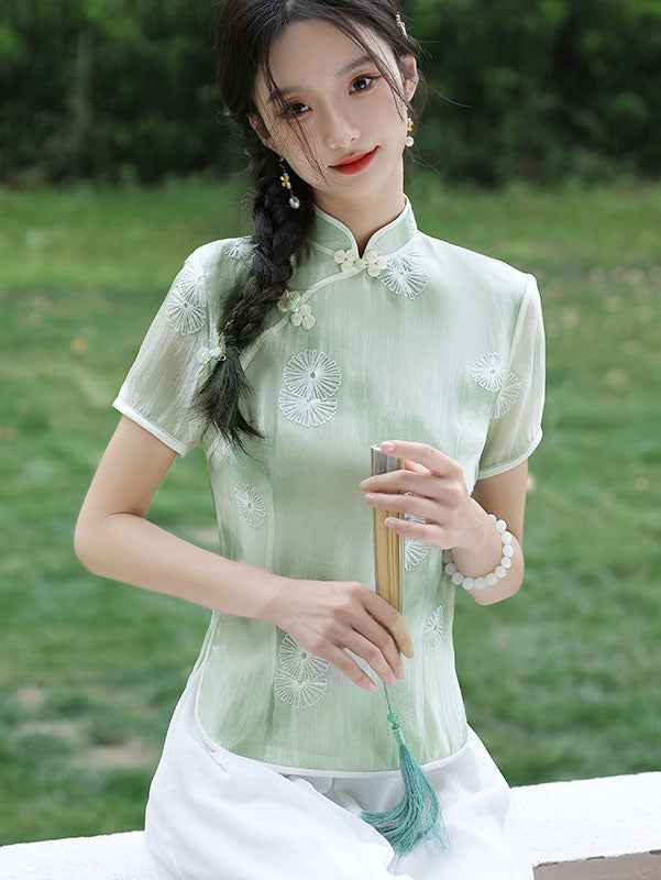 Green Pink Jacquard Qipao Cheongsam Blouse Top