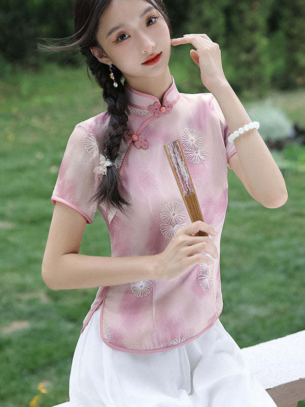 Green Pink Jacquard Qipao Cheongsam Blouse Top