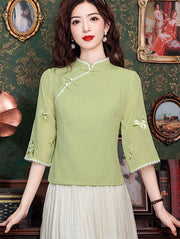 Green Embroidered Floral Cheongsam Blouse Top