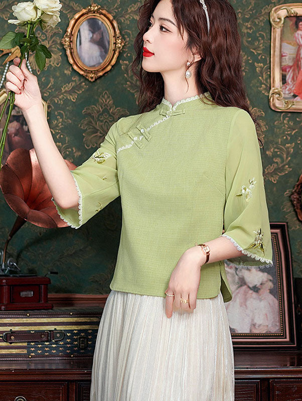 Green Embroidered Floral Cheongsam Blouse Top