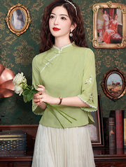 Green Embroidered Floral Cheongsam Blouse Top