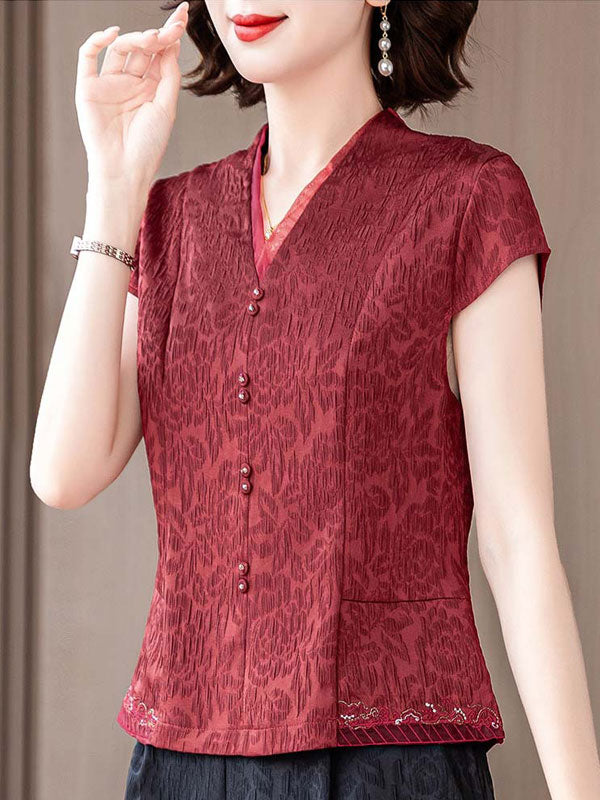 Red Black Jacquard Mothers V Neck Blouse Top