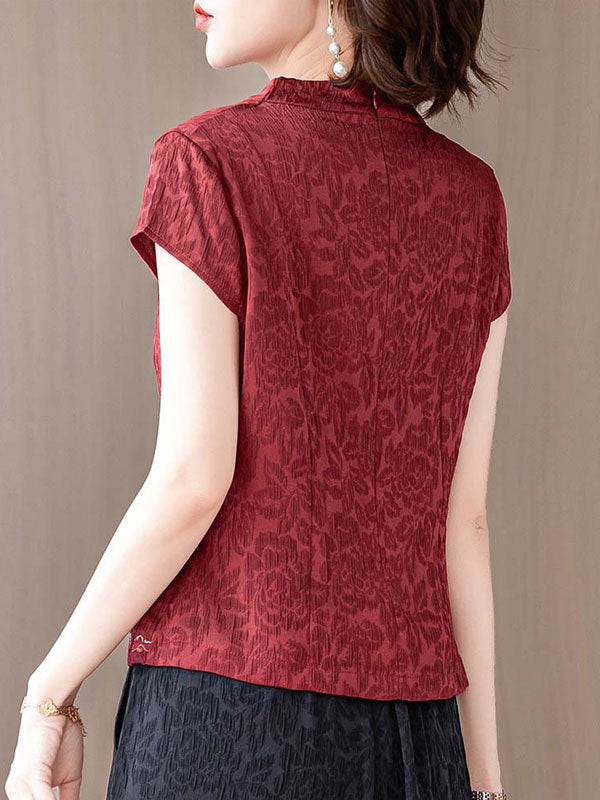 Red Black Jacquard Mothers V Neck Blouse Top