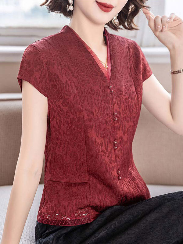 Red Black Jacquard Mothers V Neck Blouse Top