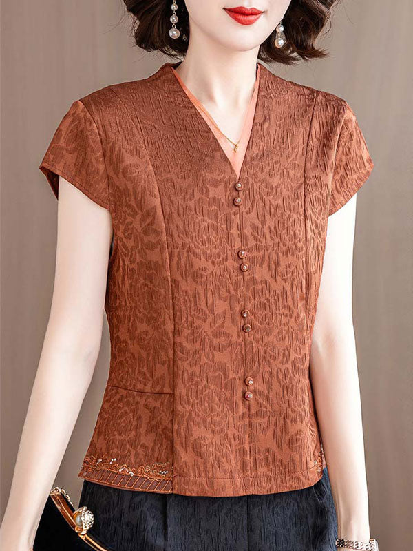Red Black Jacquard Mothers V Neck Blouse Top