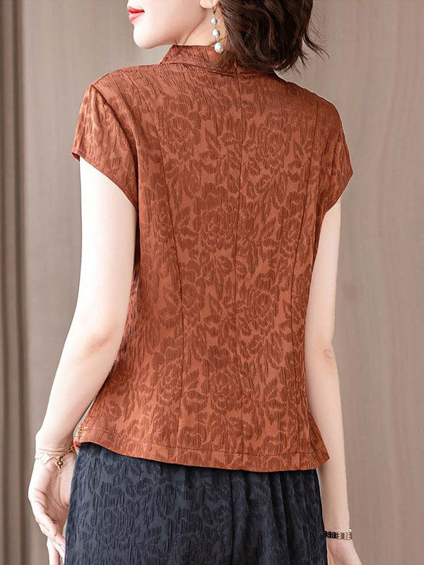 Red Black Jacquard Mothers V Neck Blouse Top