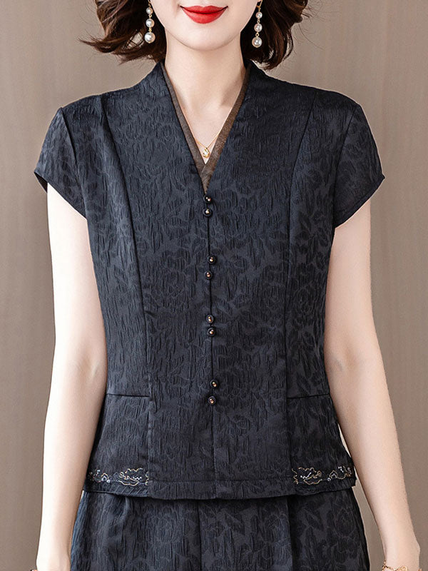 Red Black Jacquard Mothers V Neck Blouse Top